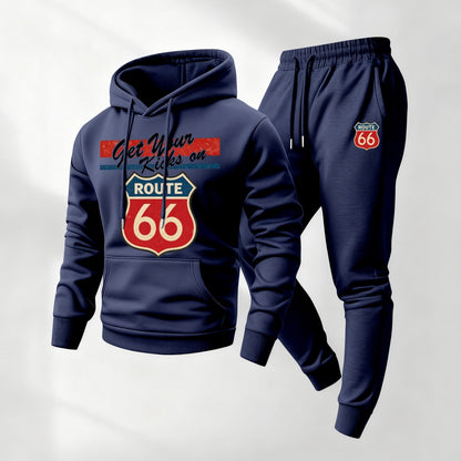 Men's Route 66 Retro Patterned Hoodie And Drawstring Track Pants Set, Men's Casual Athletic Long-Sleeved Hooded Jacket And Pants, Suitable For Fall And Winter, Street Style Hoodie Set, Men's Everyday Wear, Indoor And Outdoor Sportswear,