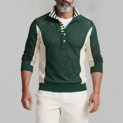Men's Striped Stand Collar Mesh Hollow Out Colorblock Pullover Sweatshirt