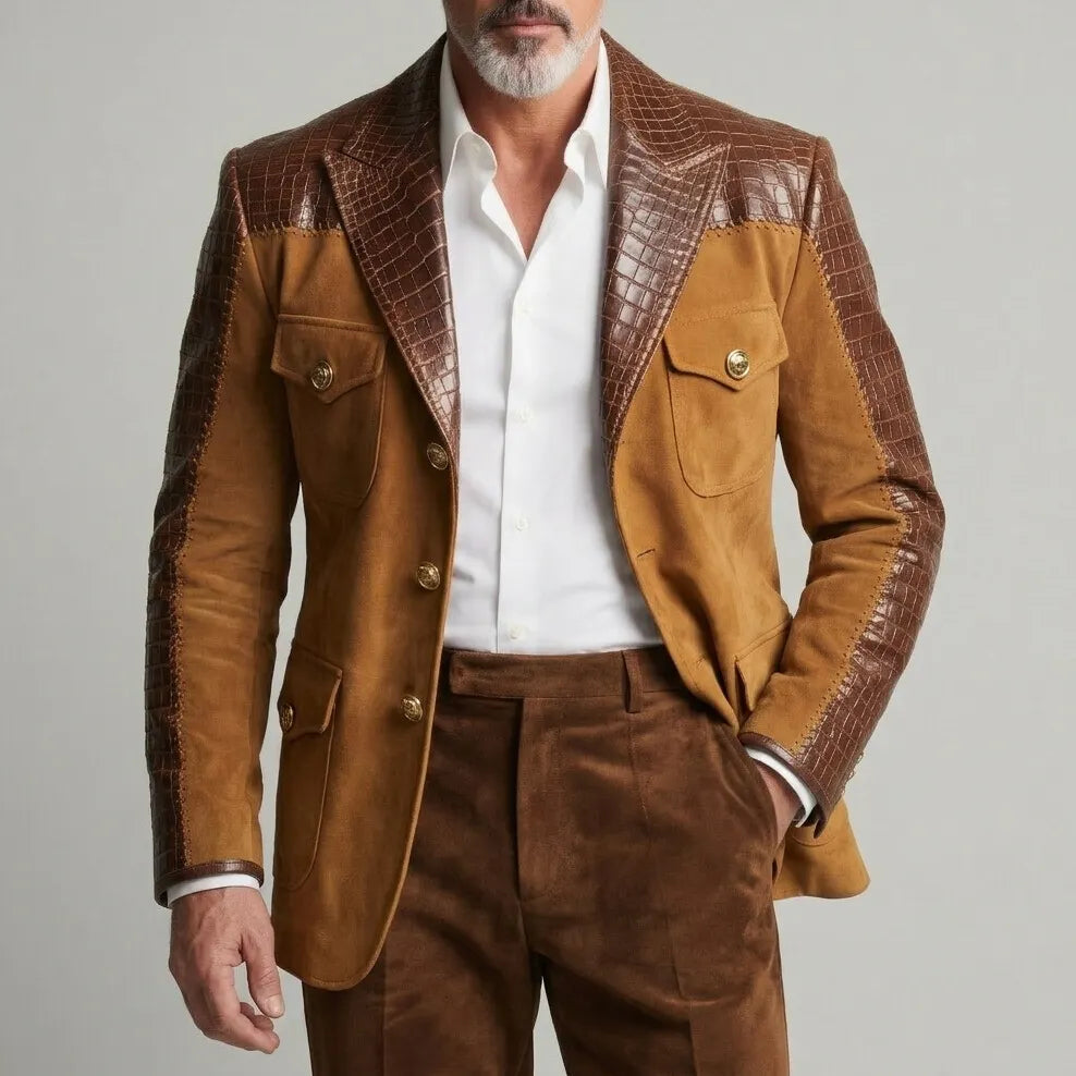 Men's Brown Suede Patchwork PU Leather Peak Lapel Single Pockets Breasted Slim Fit Blazer