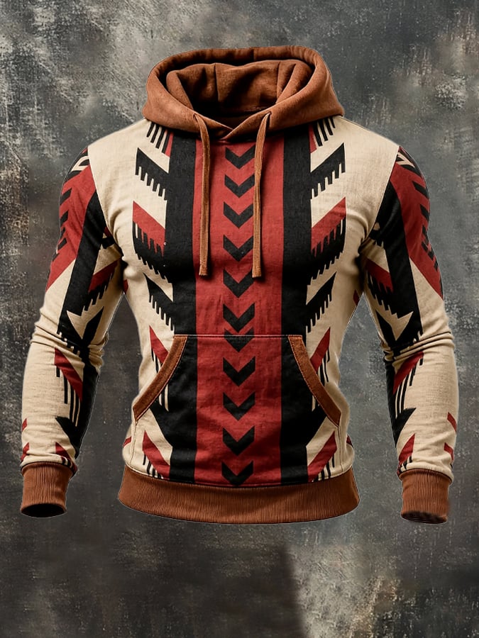 Men's Retro Stitching Contrast Color Hooded Sweatshirt