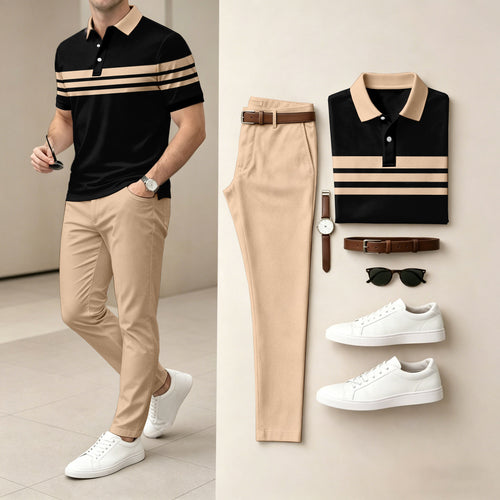 Men's Light And Mature Style, Simple Color Matching Short Sleeved Polo Shirt & Pants Two-Piece Set