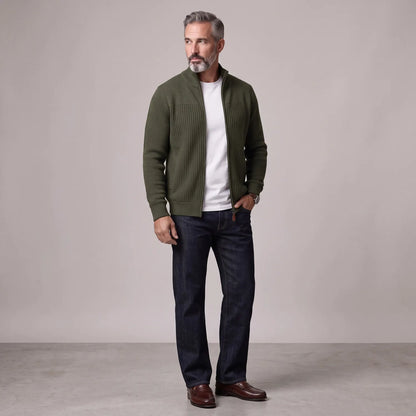 Men's Army Green Stand Collar Ribbed Knitted Full-Zip Cardigan