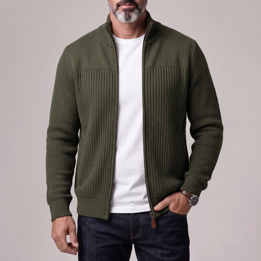 Men's Army Green Stand Collar Ribbed Knitted Full-Zip Cardigan
