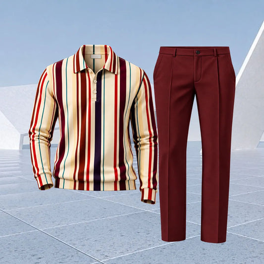 Men's Colorful Striped Printed Polo Shirt and Pants Two-Piece Set