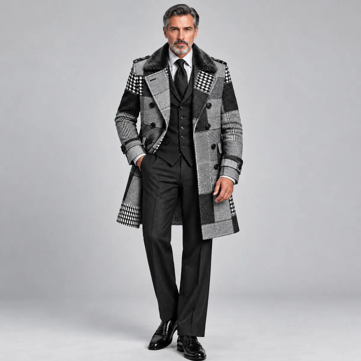 Men's Gray Colorblock Houndstooth Contrast Fluffy Collar Double-Breasted Business Casual Trench Coat