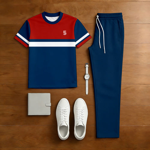 Men's Casual Red & Navy Blue Color Matching Printed Short Sleeved T-Shirt & Trousers Two-Piece Set