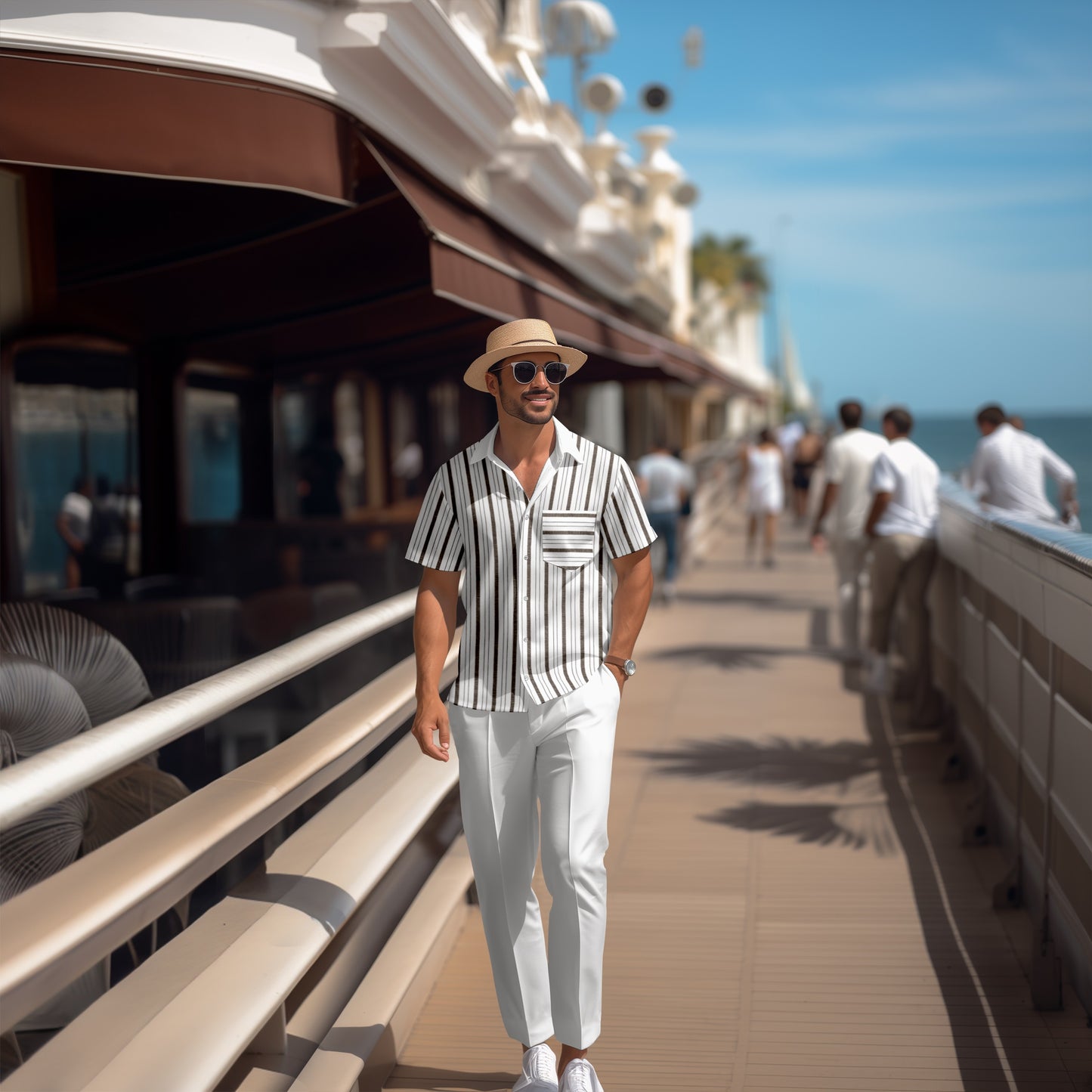 Men's White Striped Colorblock Short Sleeve Shirt Walking Suit 1669