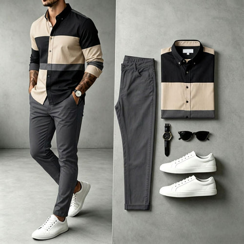 Men's Two-Tone Long-Sleeve Shirt and Pants Set