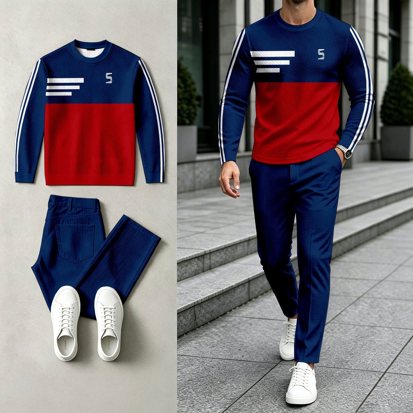 Men's Color-Blocked Round-Neck Sweatshirt and Pants Set