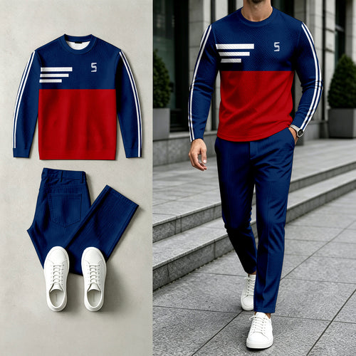 Men's Color-Blocked Round-Neck Sweatshirt and Pants Set