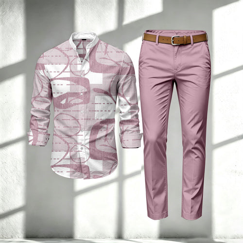 Men's Pink-and-White Color-Blocked Stand-Collar Long-Sleeve Shirt and Pants Set