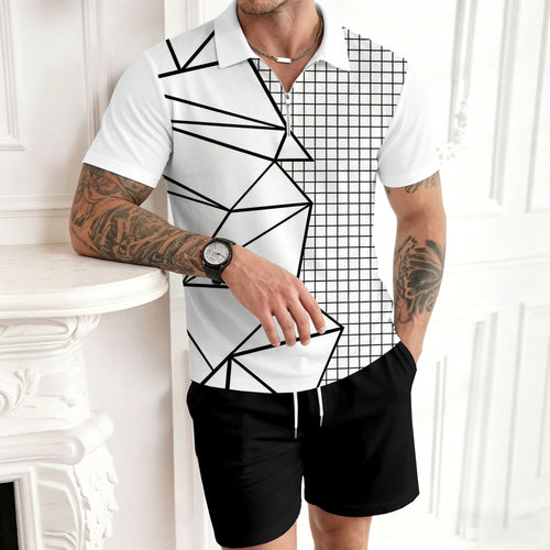 Men's Casual White Lines Color Matching Printed Short Sleeved Zipper Polo Shirt & Shorts Two-Piece Set