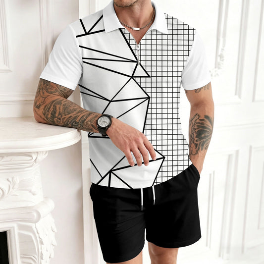 Men's Casual White Lines Color Matching Printed Short Sleeved Zipper Polo Shirt & Shorts Two-Piece Set