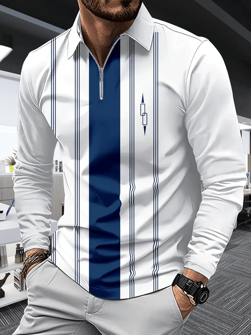 Men's Business Casual Striped Zip-Up Polo Shirt