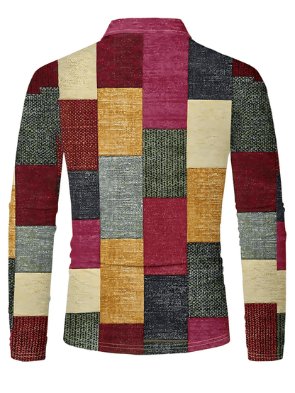 Men's Retro Business Stripe Print Long Sleeve Polo Shirt