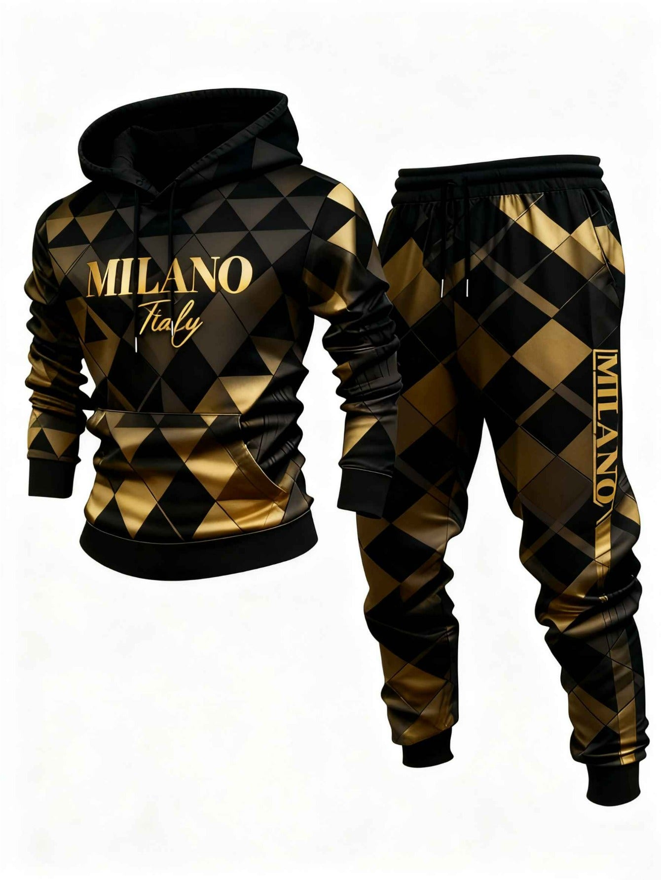 Men's Casual Black & Gold Geometric Printed Hoodies Long Sleeved Sweatshirts & Sweatpants Two-Piece Set