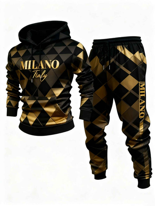 Men's Casual Black & Gold Geometric Printed Hoodies Long Sleeved Sweatshirts & Sweatpants Two-Piece Set