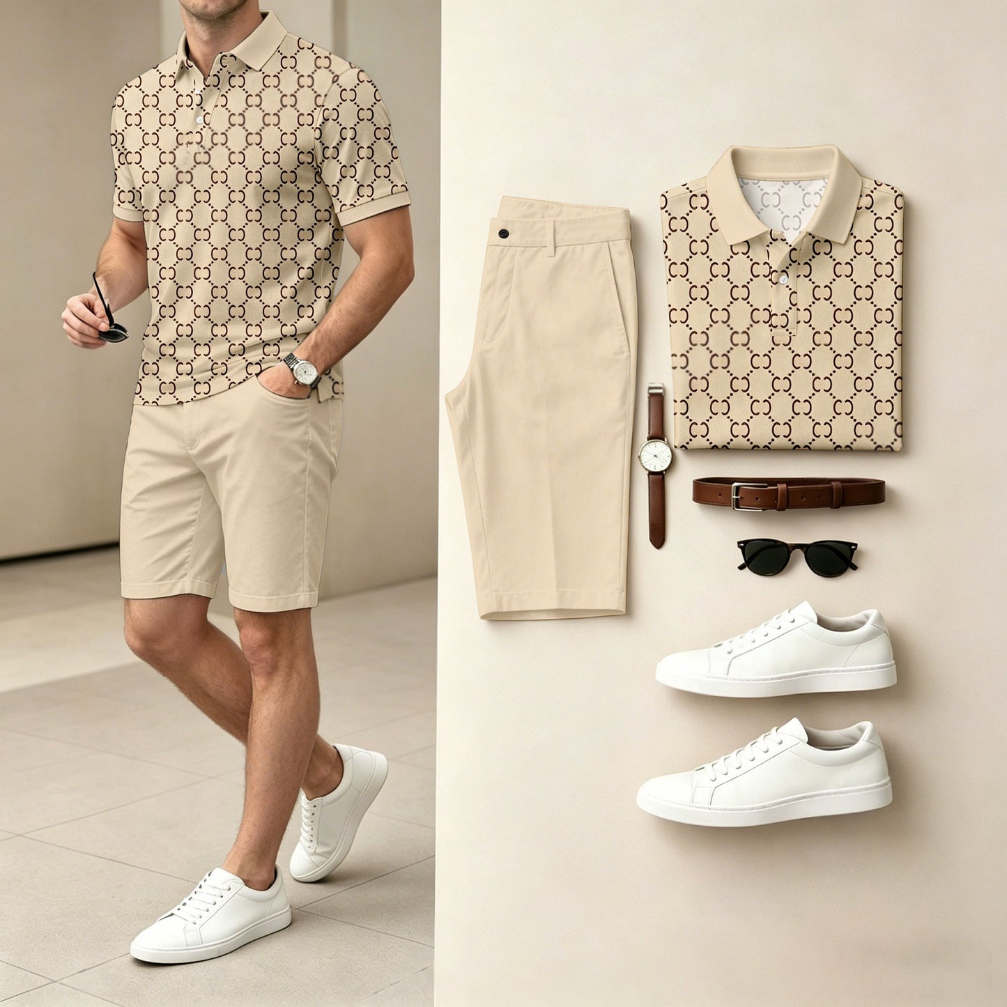 Men's Casual Printed Polo Shirt And Shorts Two-Piece Set (Does Not Include Watch, Belt, Or Accessories)