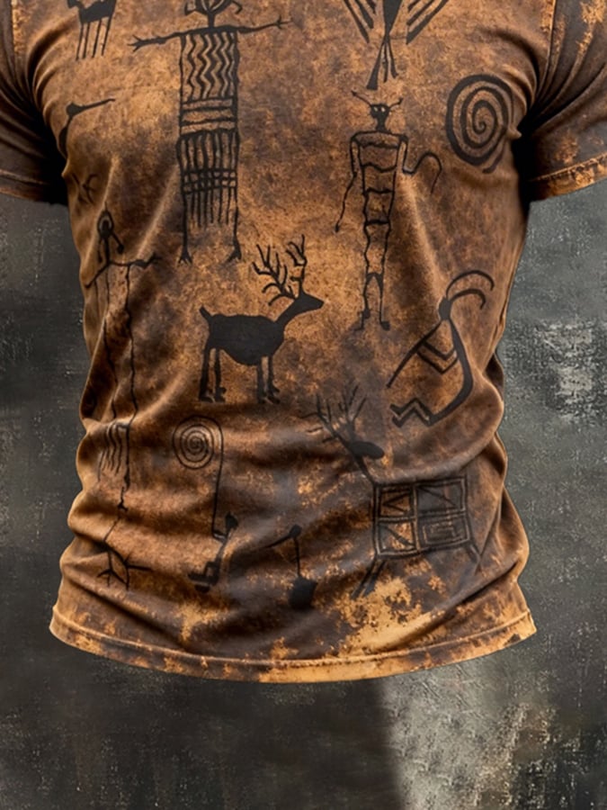 Men's Retro Print Crew Neck Short Sleeve T-Shirt