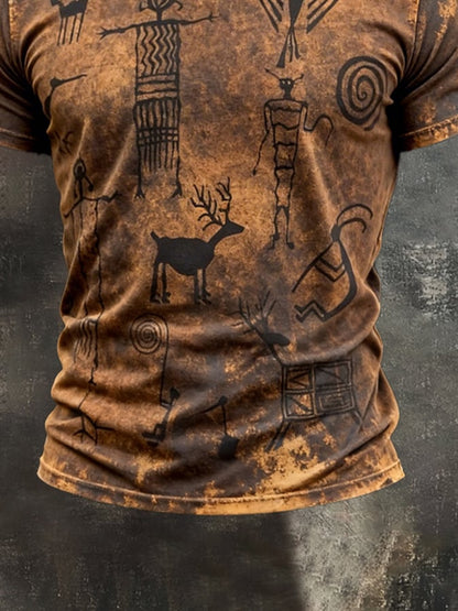 Men's Retro Print Crew Neck Short Sleeve T-Shirt