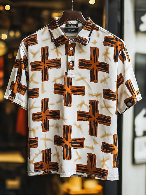 Men's Vintage Casual Cross Art Button Short Sleeve Polo Shirt