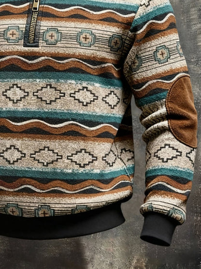 Men's Retro Color Block Print Color-Blocked Zip-Up Sweatshirt