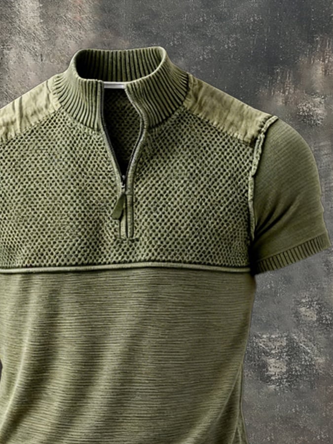 Men's Retro Color Block Knit Half-Zip Collar Short-Sleeve Top