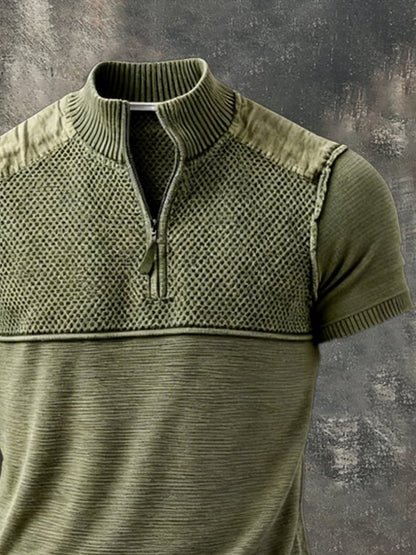 Men's Retro Color Block Knit Half-Zip Collar Short-Sleeve Top