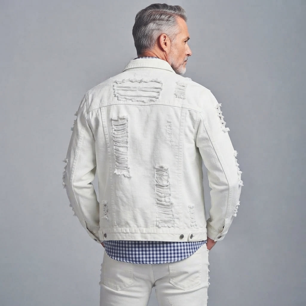 Men's White Distressed Ripped Single-Breasted Multi-Pocket Denim Jacket