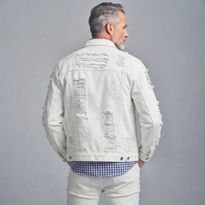 Men's White Distressed Ripped Single-Breasted Multi-Pocket Denim Jacket