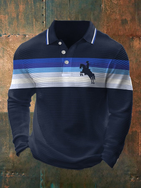 Men's Retro Lettering Design Waffle Fabric Long Sleeve Polo Shirt