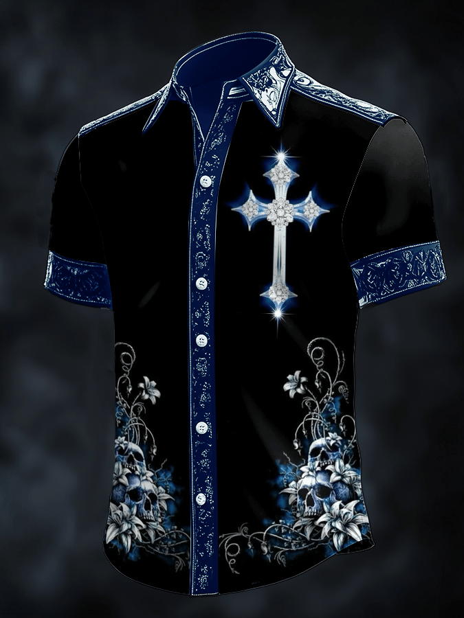 Men's Dark Skull Print Satin Short Sleeve Shirt