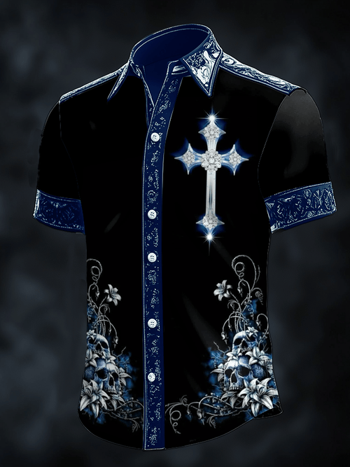 Men's Dark Skull Print Satin Short Sleeve Shirt
