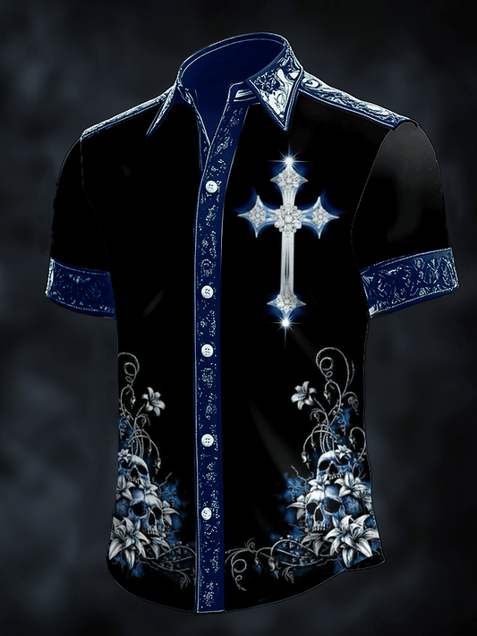 Men's Dark Skull Print Satin Short Sleeve Shirt