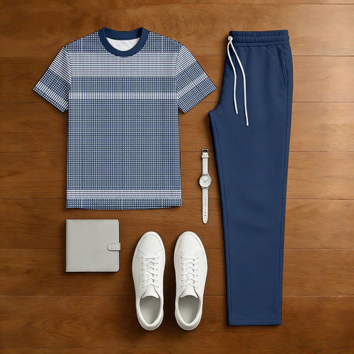 Men's Casual Navy Blue & White Color Matching Checkered Printed Short Sleeved T-Shirt & Trousers Two-Piece Set