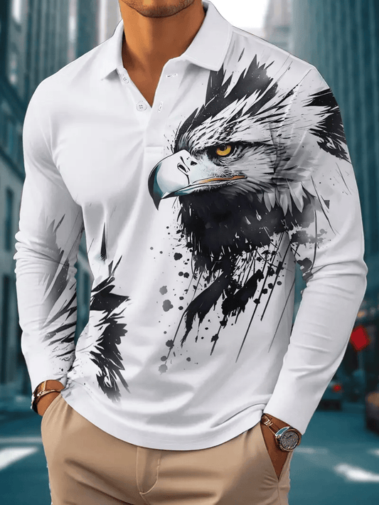 Men's Retro Business Stripe Print Long Sleeve Polo Shirt