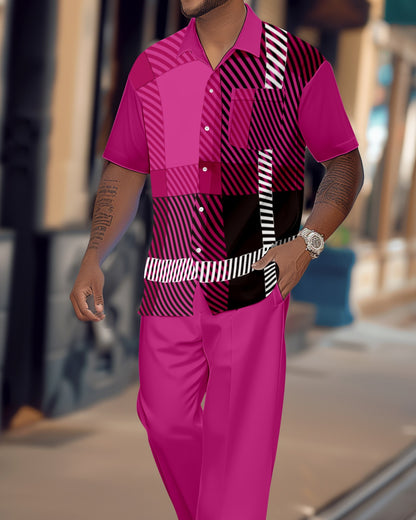Men's Retro Colorblock Short Sleeve Shirt Walking Suit 1555
