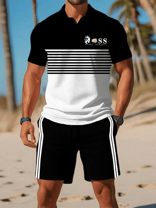 Men's Retro Letter Design Casual Business Short Sleeve Polo Shirt Suit