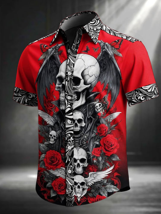 Men's Retro Skull Print Lapel Short Sleeve Shirt