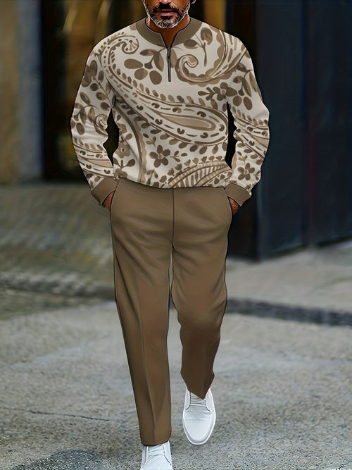 Men's Casual Color Matching Printed Round-Neck Zipper Long Sleeved Trousers Two-Piece Set