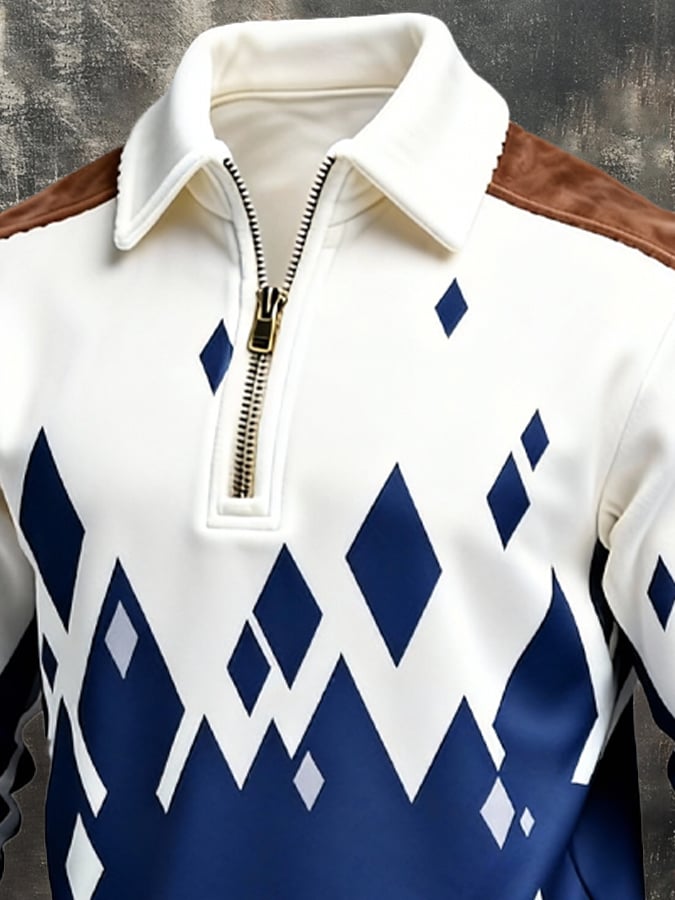 Men's Retro Color Block Print Zipper Sweatshirt
