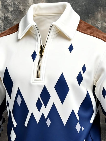 Men's Retro Color Block Print Zipper Sweatshirt