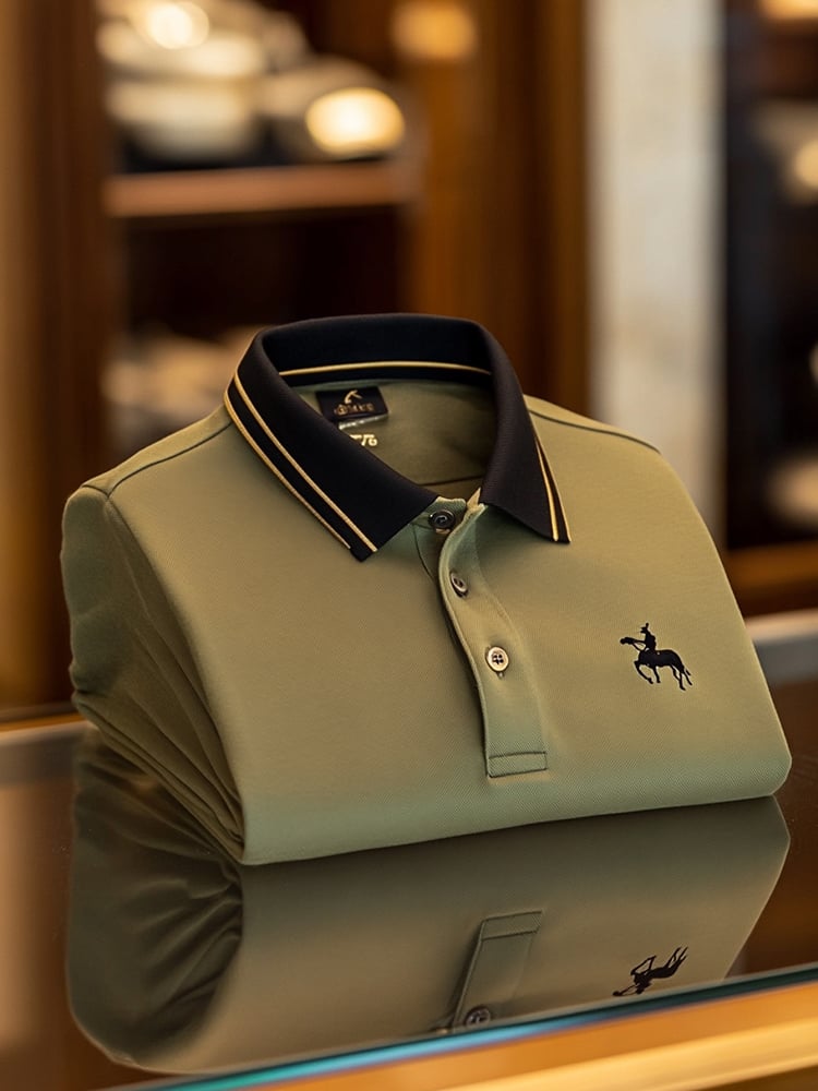 Men's Smart Casual Khaki Logo Button Short Sleeve Polo Shirt