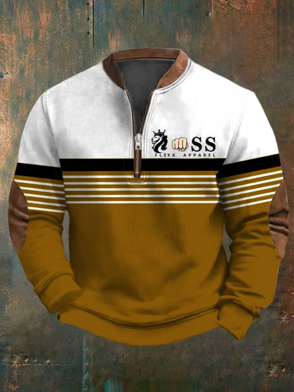 Men's Retro Letter Design Printed Casual Zipper Collar Long-Sleeved Sweatshirt