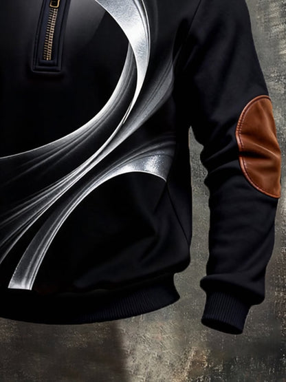 Men's Retro Color Block Print Color-Blocked Zip-Up Sweatshirt