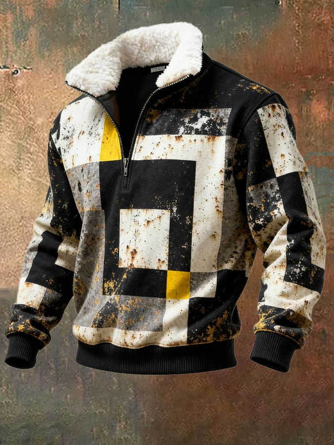 Men's Retro Color Block Print Casual Fur Collar Sweatshirt