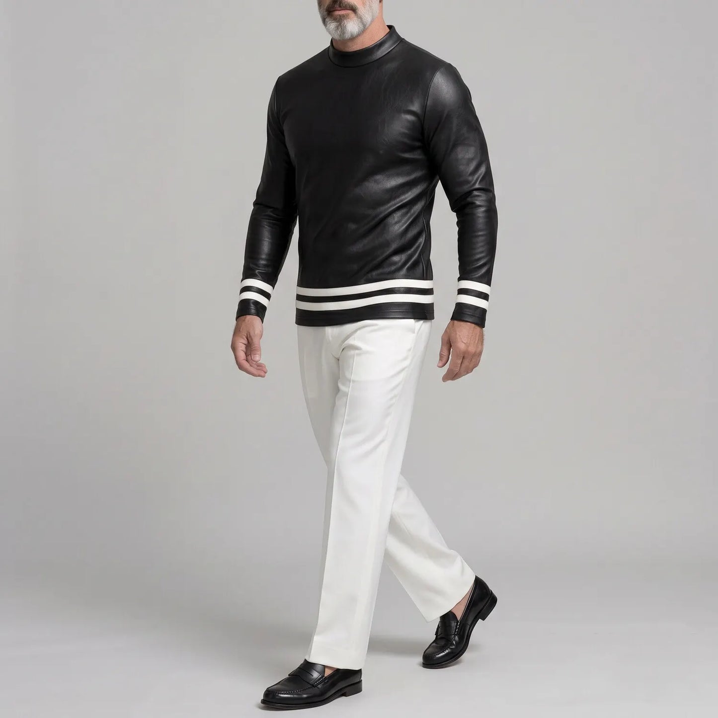 Men's Black PU Leather Mock Neck Contrast Striped Hem Long Sleeve T-Shirt