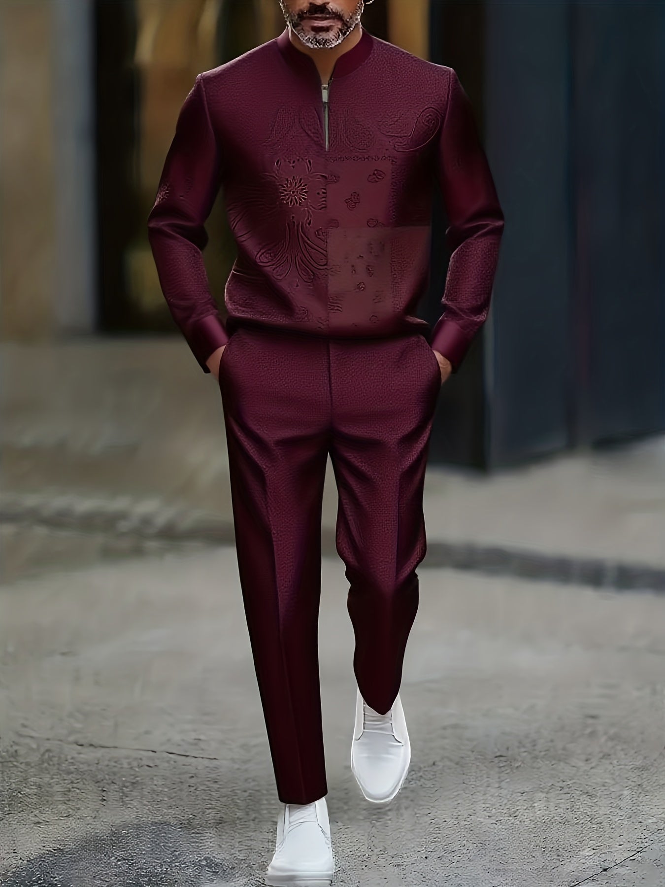 Men's Casual Color Matching Printed Round-Neck Zipper Long Sleeved Trousers Two-Piece Set