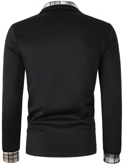 Men's Plaid Business Casual Long Sleeve Polo Shirt