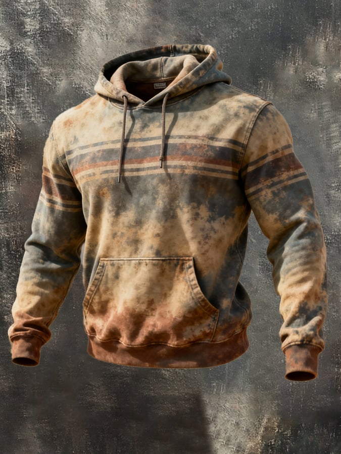 Men's Retro Distressed Color Block Print Casual Long Sleeve Sweatshirt